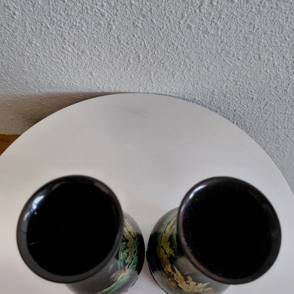 Antique Chinese Foochow Fuzhou Hand Painted Black Lacquered Wood 2 Vases.